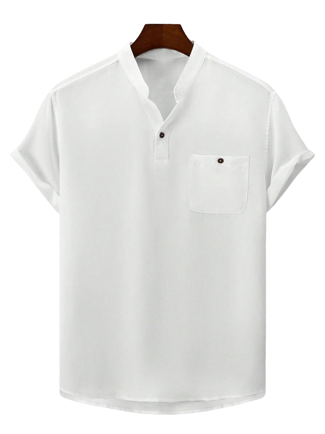 Men's casual Mandarin-style short-sleeve shirt with half-button placket, patch chest pocket, and rounded hem StylebySassy