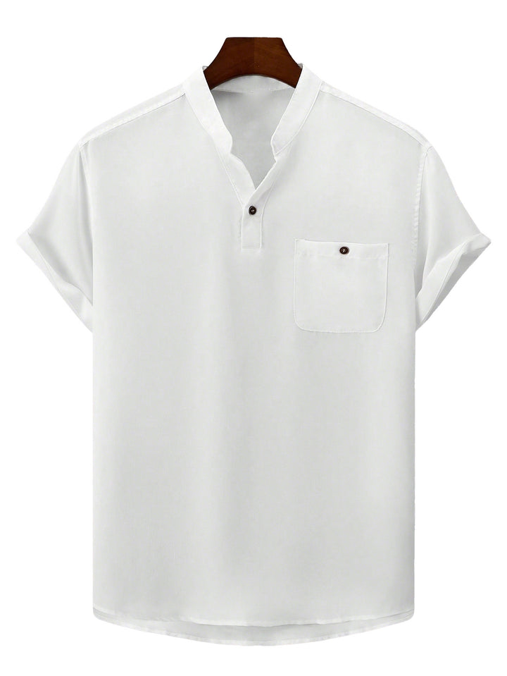 Men's casual Mandarin-style short-sleeve shirt with half-button placket, patch chest pocket, and rounded hem StylebySassy