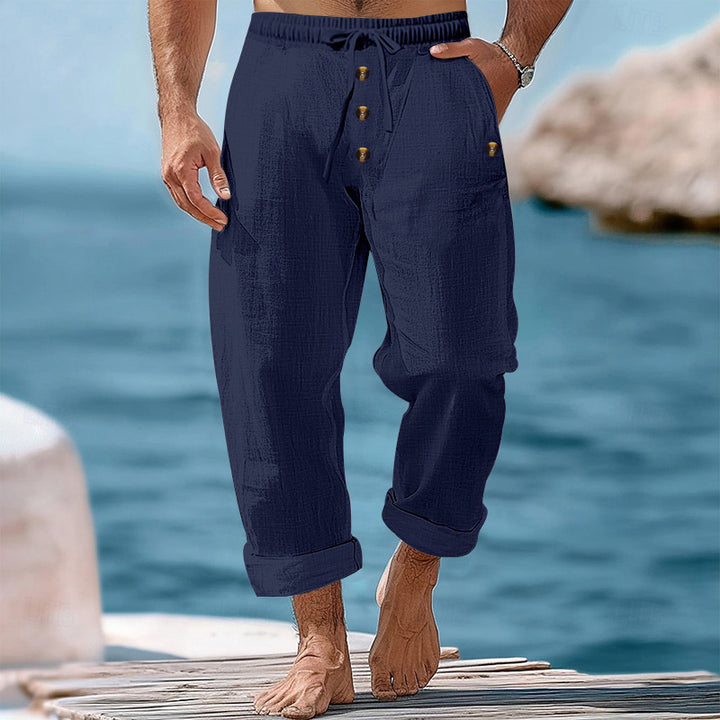 Men's casual linen-cotton pants with elastic waistband, drawstring, and rolled-up hem StylebySassy