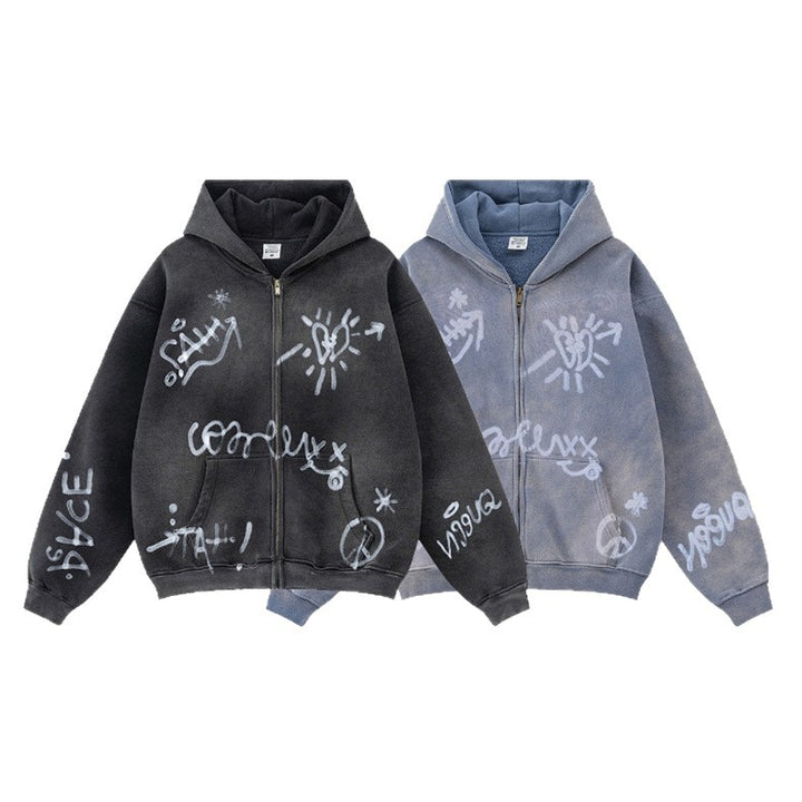 Unisex oversized hoodie jacket with full-length zipper, brushed fleece lining, and hand-like spray print StylebySassy