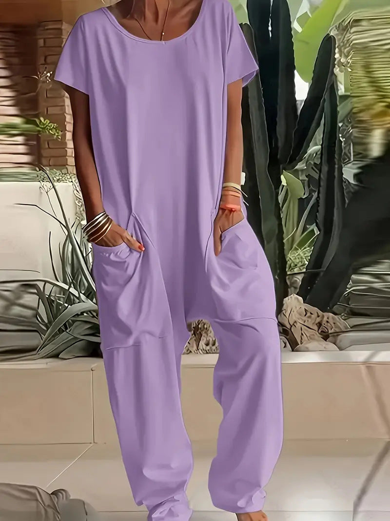 Women's comfortable oversized jumpsuit with V-neck, deep crotch and inset pockets StylebySassy