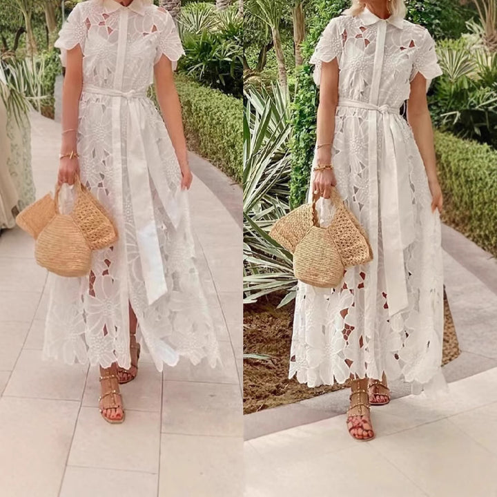 Women's long lace dress with shirt blouse collar, floral cut-out lace, and tie belt StylebySassy