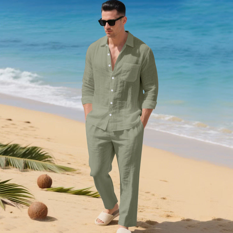Men's lightweight linen outfit with stylish shirt and elegant pants StylebySassy