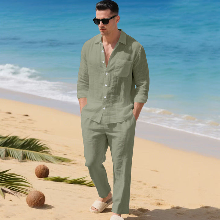 Men's lightweight linen outfit with stylish shirt and elegant pants StylebySassy