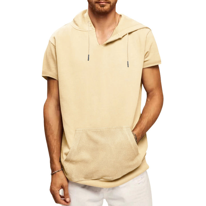 Men's casual short-sleeve hoodie shirt in a loose fit with kangaroo pocket and drawstring StylebySassy