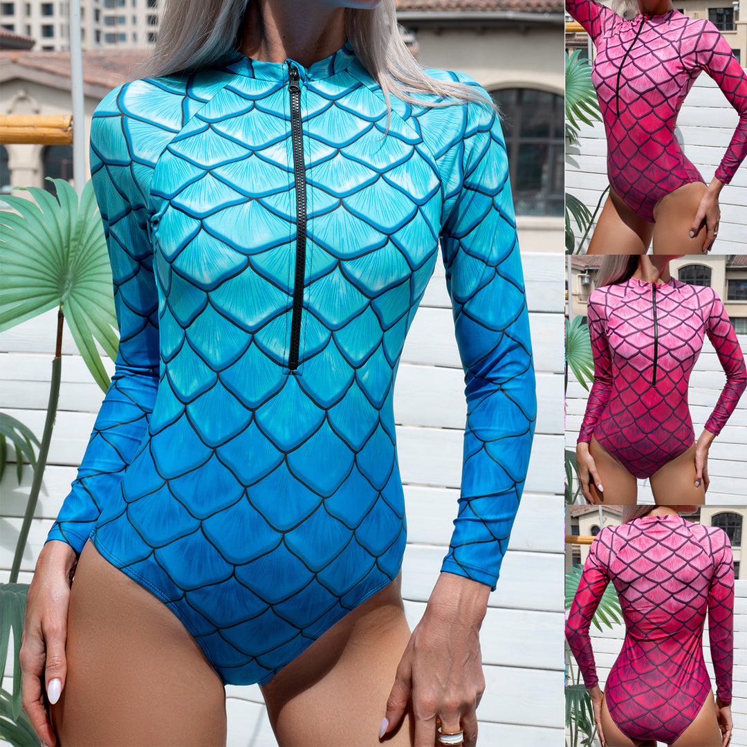 Women’s Long Sleeve Swimsuit with Trendy Fish Scale Design StylebySassy