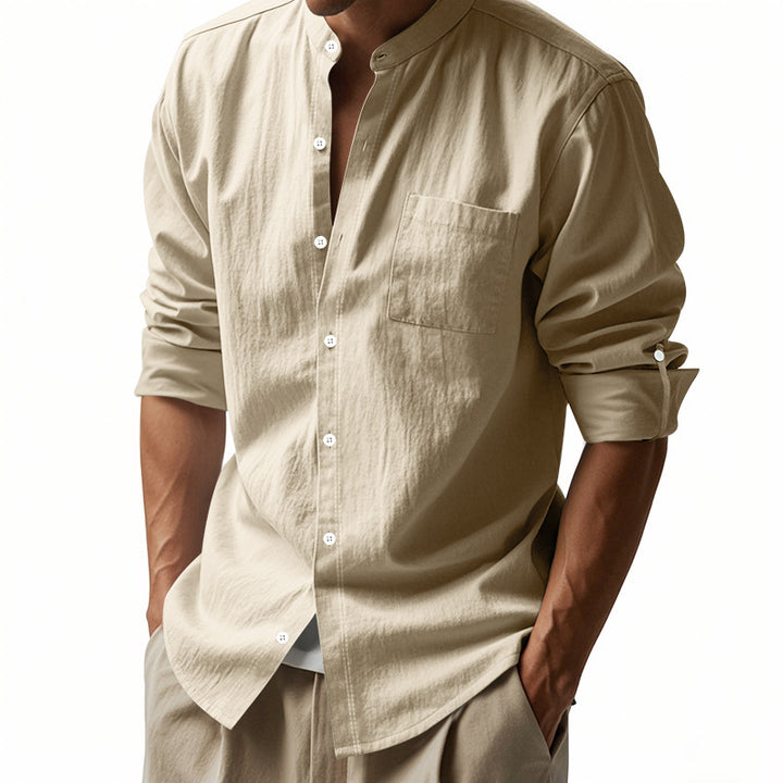Men's linen-cotton shirt with stand-up collar, roll-up sleeves, and chest pocket StylebySassy