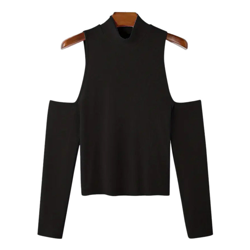 Women's fitted fine knit top with stand-up collar, shoulder cutouts, and long sleeves StylebySassy