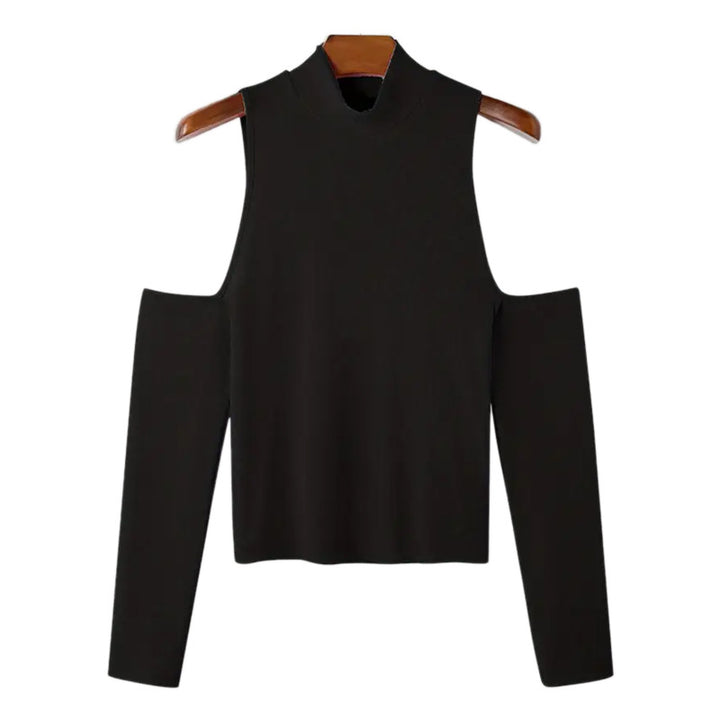 Women's fitted fine knit top with stand-up collar, shoulder cutouts, and long sleeves StylebySassy