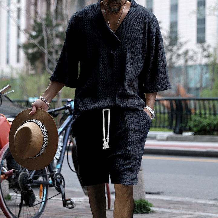 Men's urban braid knit two-piece with deep V-neck, boxy fit and drawstring shorts StylebySassy