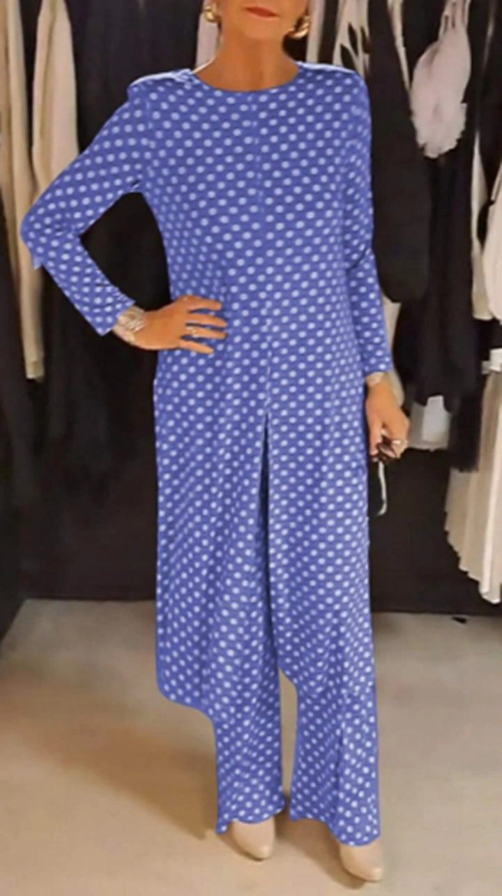 Women Nan Polka Dot Lounge Set with Long A-Line Tunic, Center Front Slit, and Wide Palazzo Pants StylebySassy