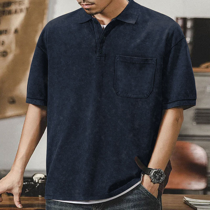 Men's loosely cut cotton polo shirt with a patch chest pocket and short button placket StylebySassy