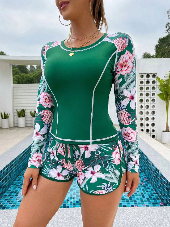 Women Long Sleeve Surf Swimsuit with Floral Pattern StylebySassy