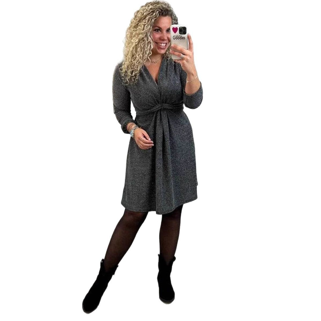 Women's knee-length V-neck dress with gathered waistband made of lightweight glossy knit StylebySassy