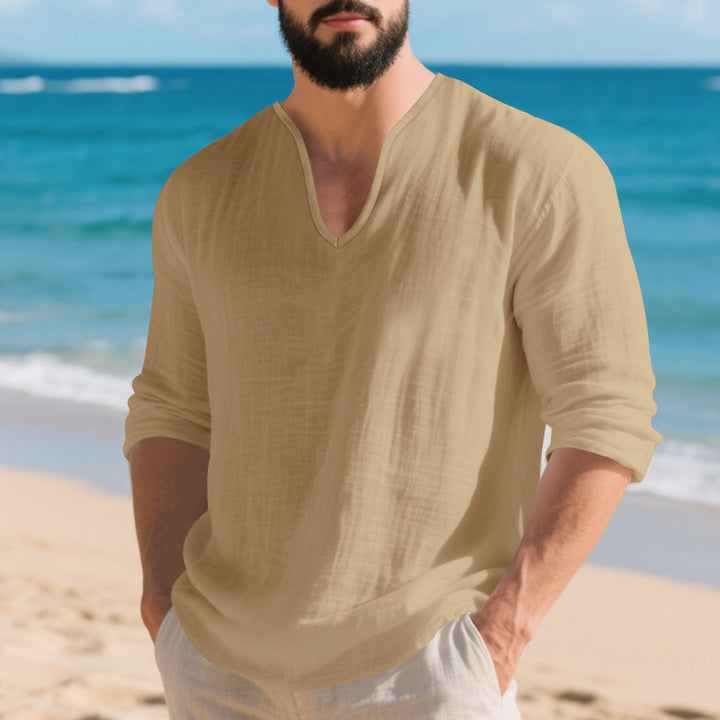 Men's lightweight linen V-neck shirt with a loose fit and roll-up sleeves StylebySassy