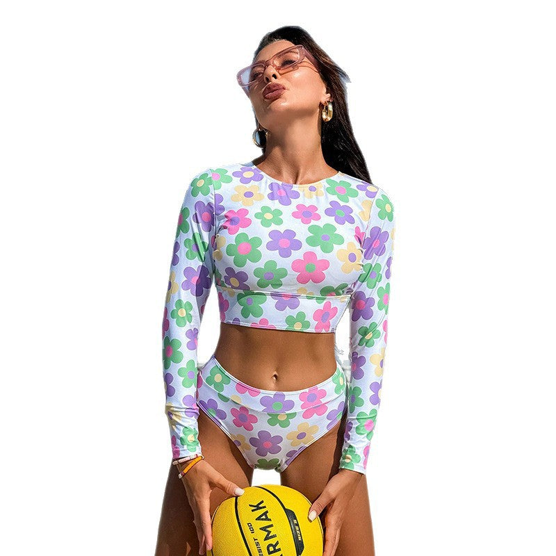 Women’s Crop-Top Swimsuit with Long Sleeves and Colorful Floral Pattern StylebySassy