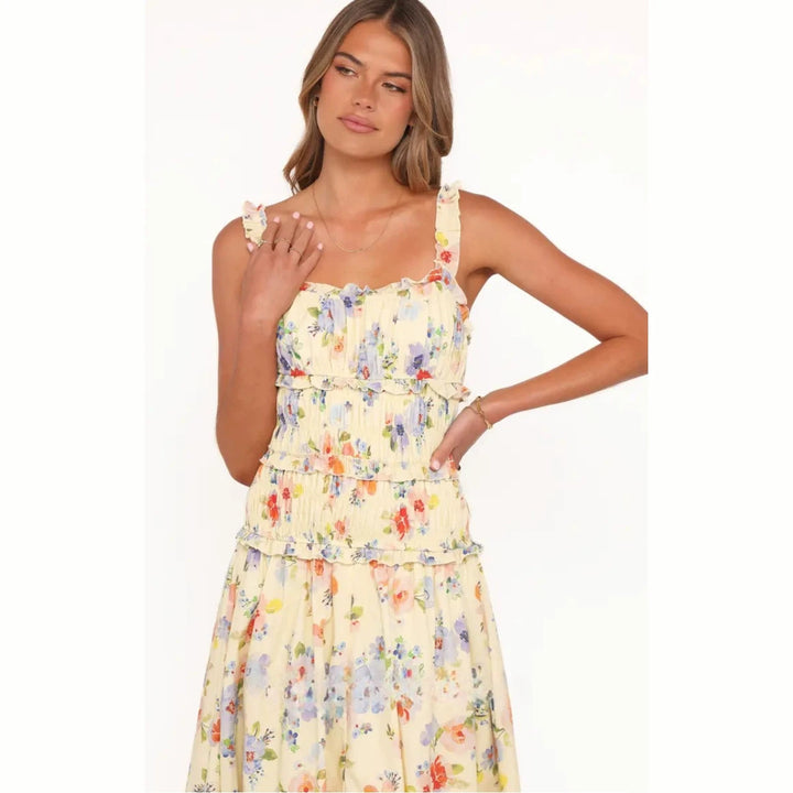 Women nan airy-light tiered midi dress with gathered bodice and ruffled straps StylebySassy