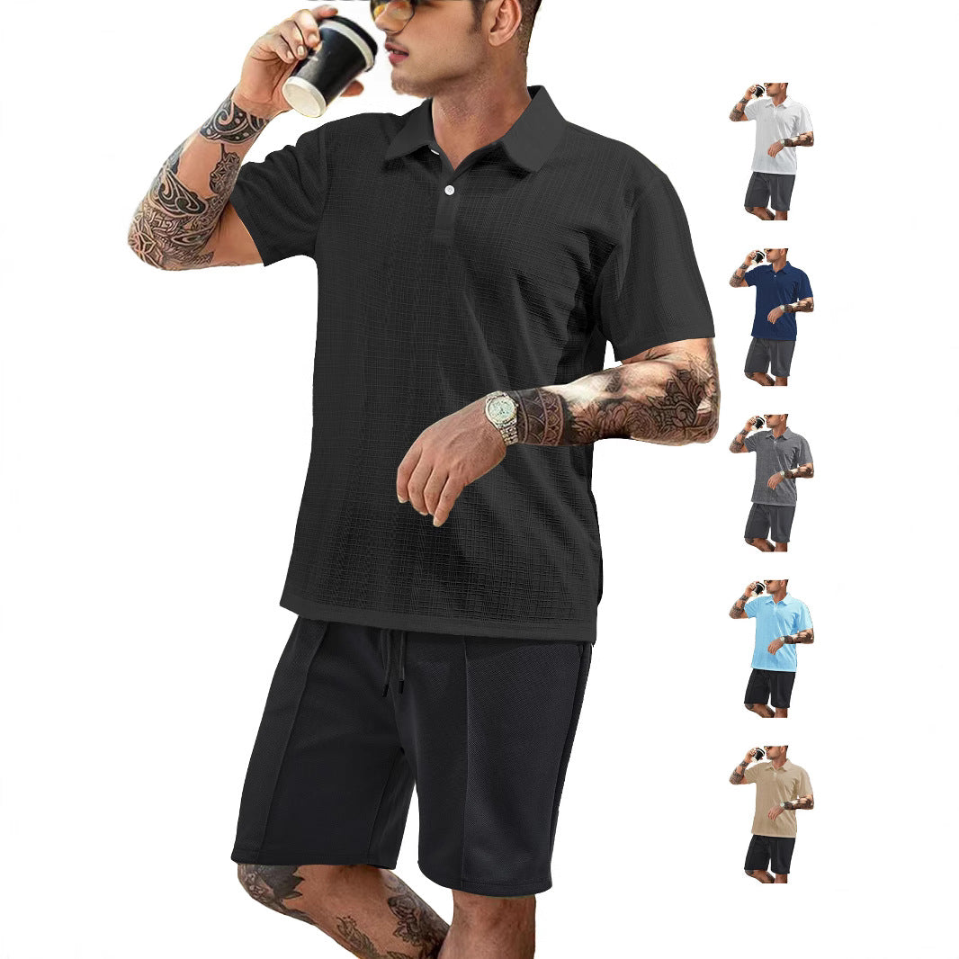 Men's two-piece summer travel set with textured short-sleeve polo shirt and functional mesh shorts StylebySassy