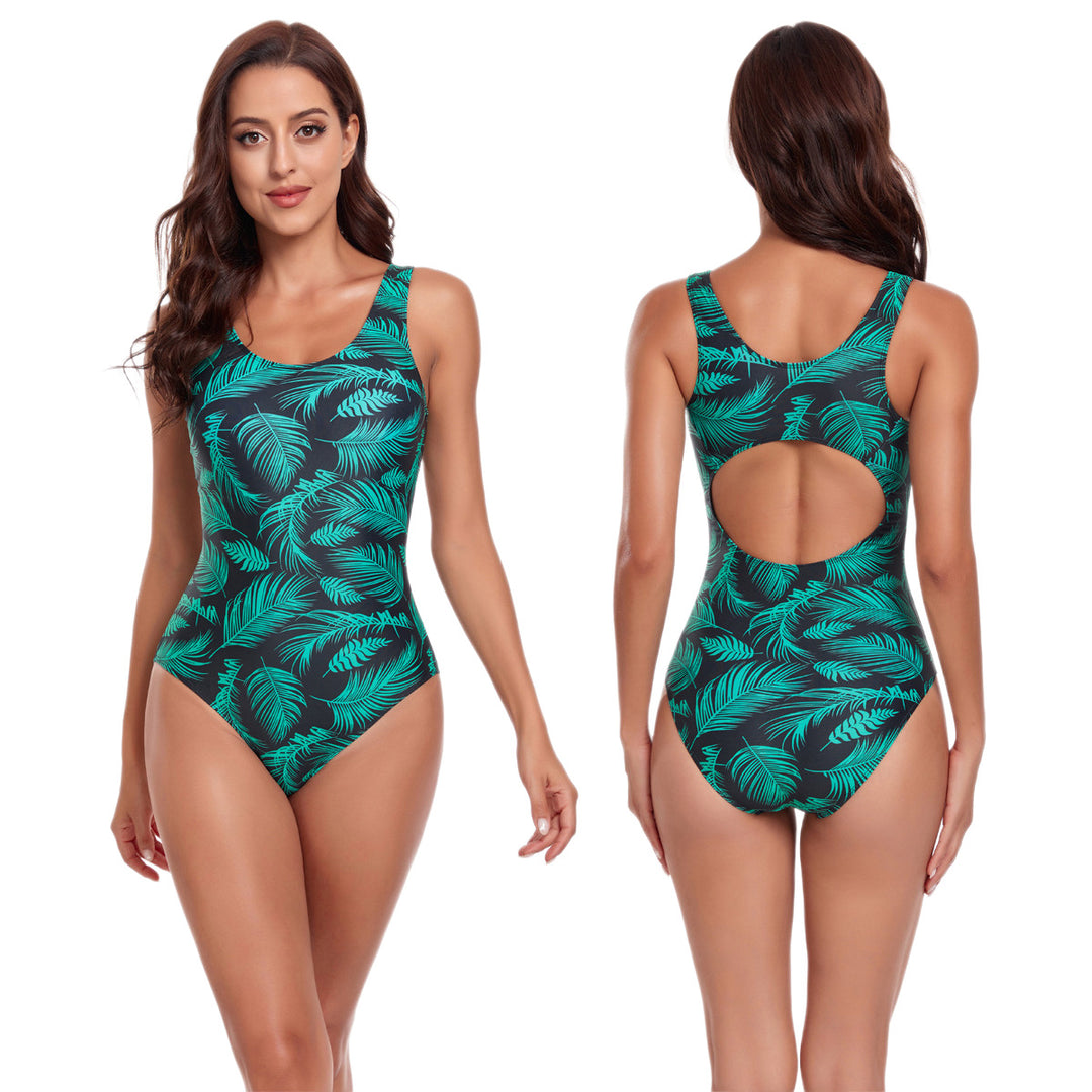 Women's one-piece swimsuit with fashionable back cutout and leaf pattern StylebySassy