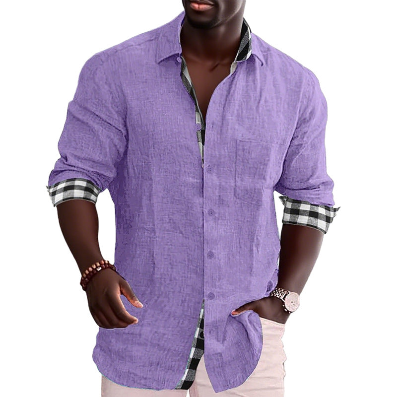 Men's linen mix casual shirt with contrasting check cuffs and a patch breast pocket StylebySassy