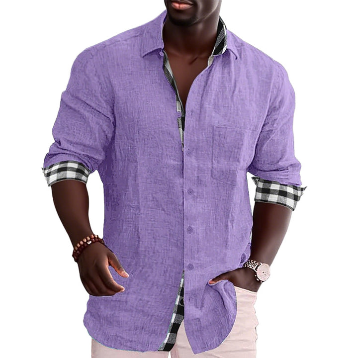 Men's linen mix casual shirt with contrasting check cuffs and a patch breast pocket StylebySassy