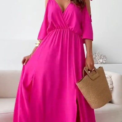 Women nan flowing maxi dress with V drape, off-shoulder strap band, elastic waist yoke and high skirt slit StylebySassy