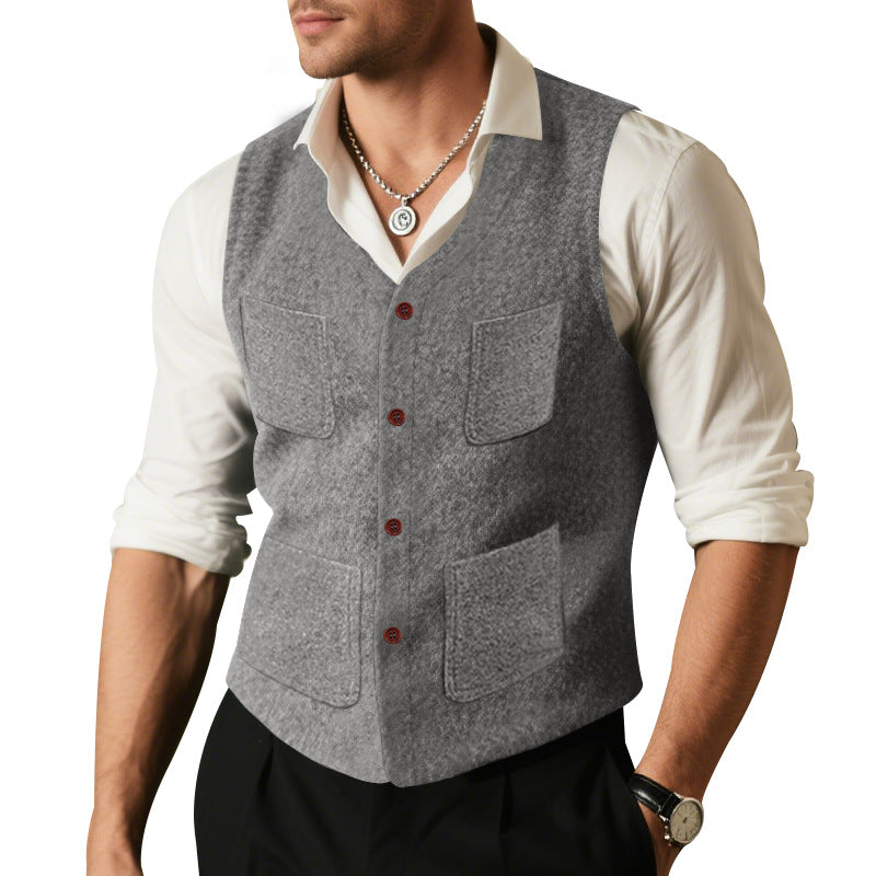 Men's wool blend vest with V-neck, patch pockets, and mesh lining StylebySassy