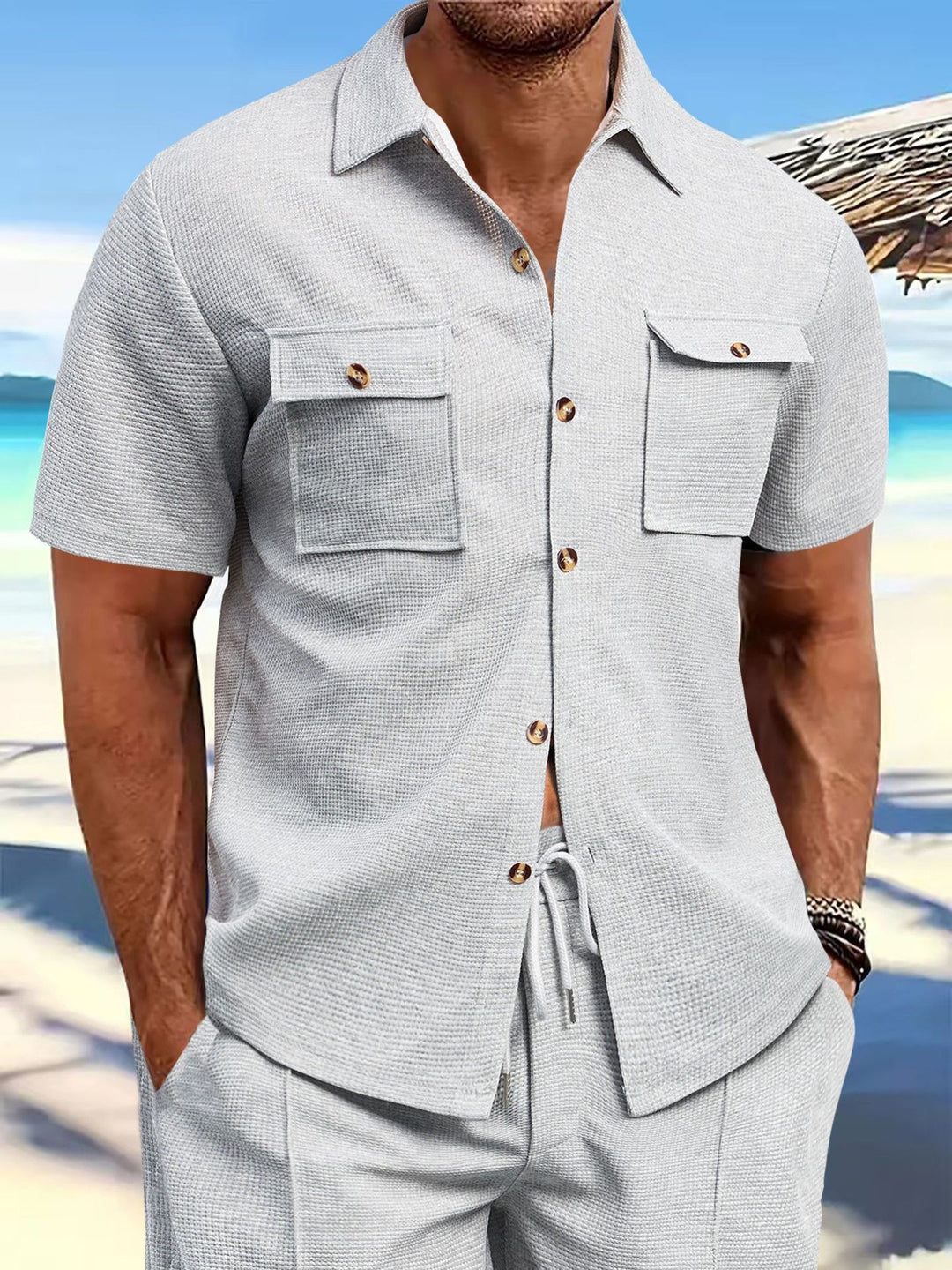 Men's structured waffle lounge set with shirt jacket, chest pockets and corded pants StylebySassy