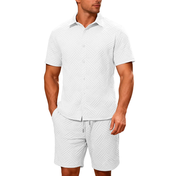 Men's lightweight short-sleeve shirt and Bermuda two-piece set with embossed woven texture and drawstring waistband StylebySassy