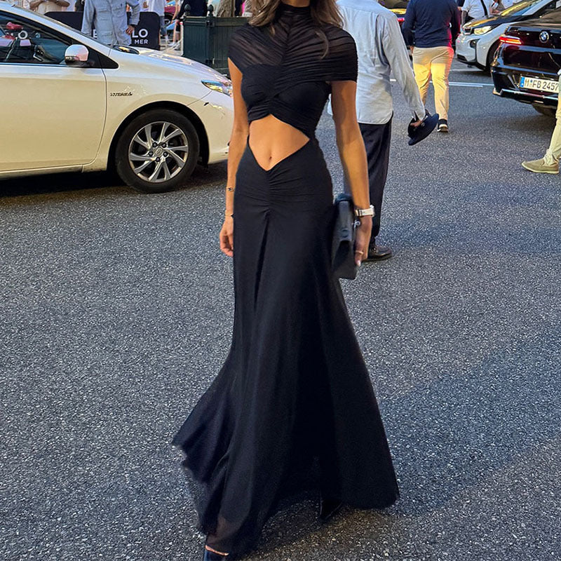 Ladies Elegant Maxi Dress with Gatherings and Transparent Top StylebySassy