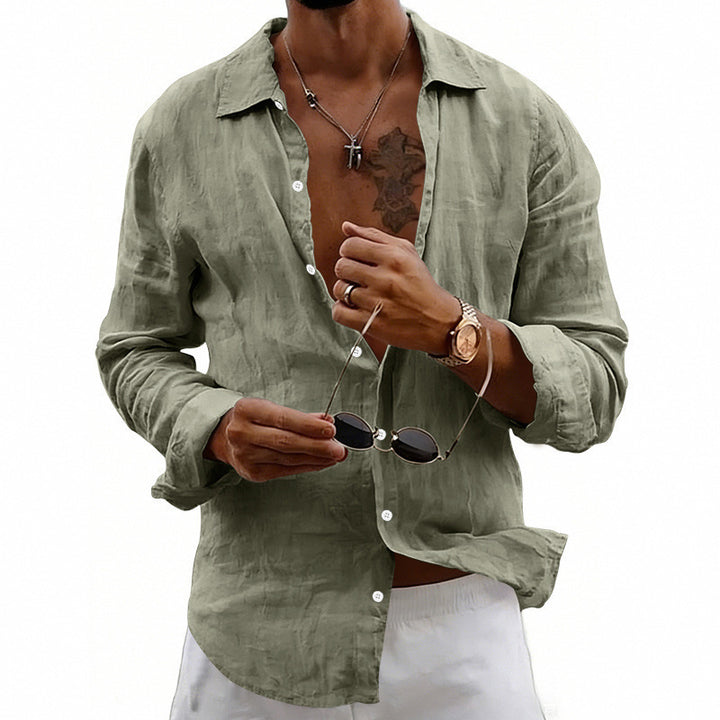 Men's airy relaxed linen shirt with open lapel, rounded hem, and roll-up sleeves StylebySassy