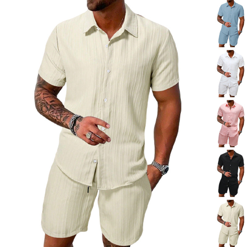 Men's lightweight short-sleeve shirt with open collar and matching casual shorts made of textured cotton blend StylebySassy