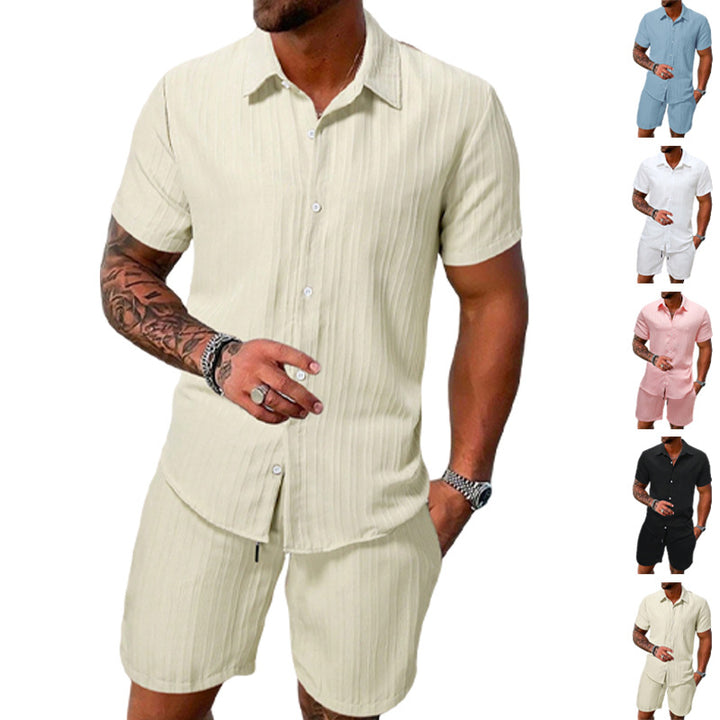 Men's lightweight short-sleeve shirt with open collar and matching casual shorts made of textured cotton blend StylebySassy