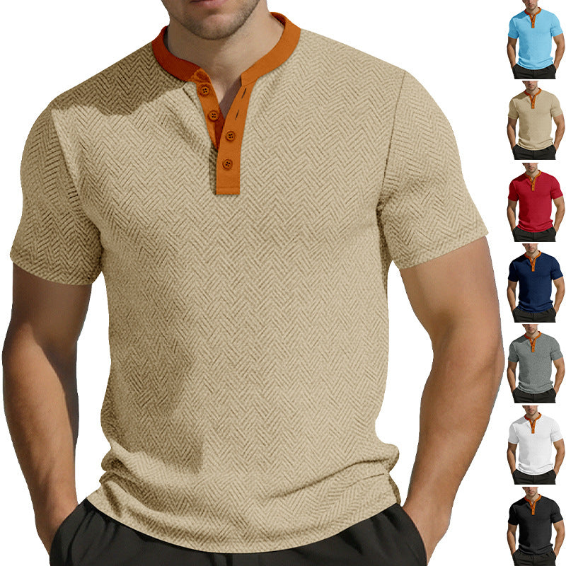 Men's slim short sleeve Henley polo shirt with Mandarin collar and fine jacquard texture StylebySassy