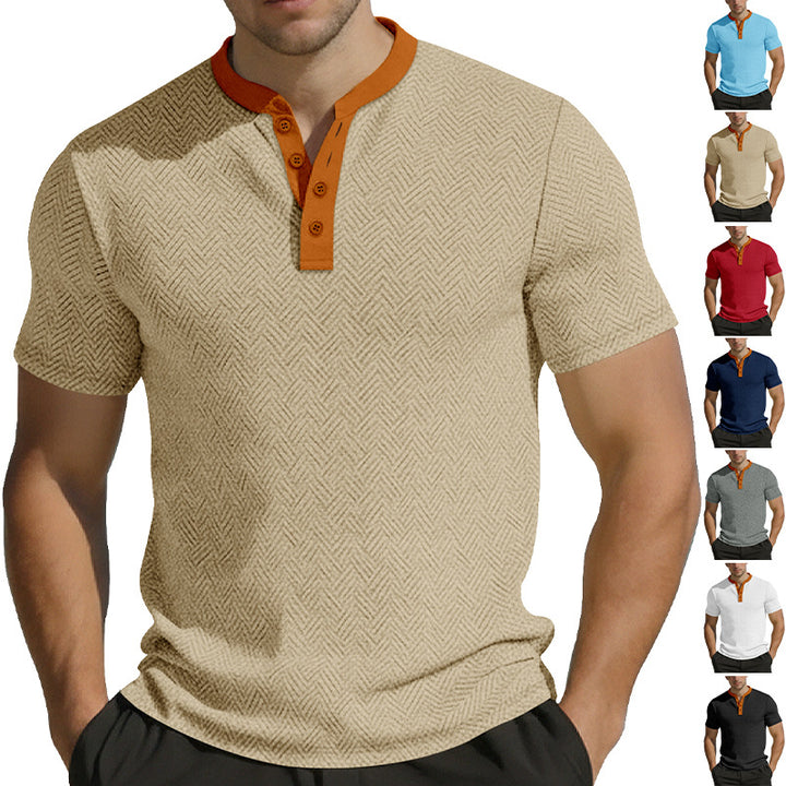 Men's slim short sleeve Henley polo shirt with Mandarin collar and fine jacquard texture StylebySassy