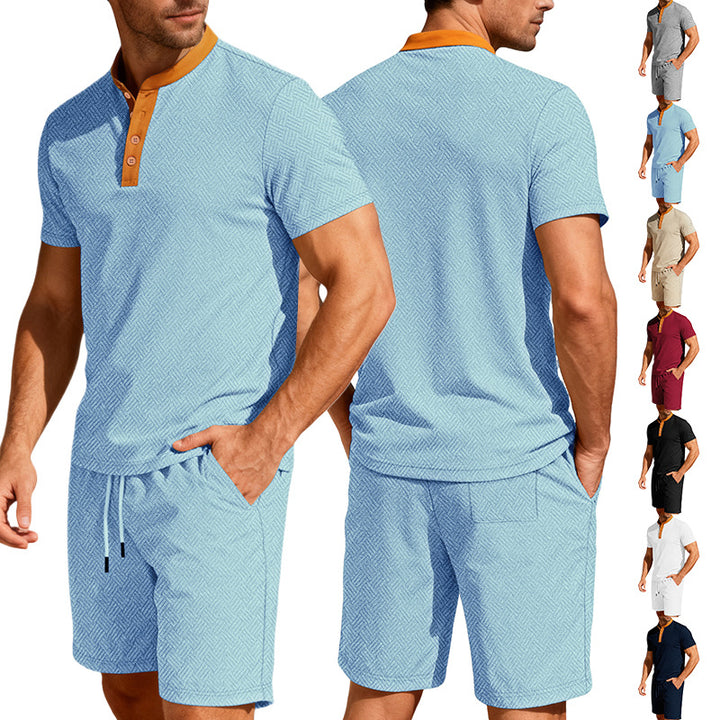 Men's nautical leisure set with fine wave texture stand collar trim and drawstring shorts StylebySassy