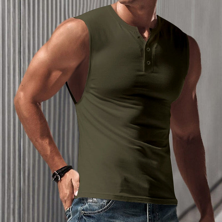 Men's sleeveless muscle shirt with Henley button placket, deep armhole, and elastic cotton blend StylebySassy
