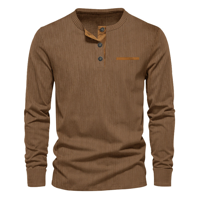 Men's long sleeve Henley with fine rib structure, slim silhouette, and chest piping StylebySassy