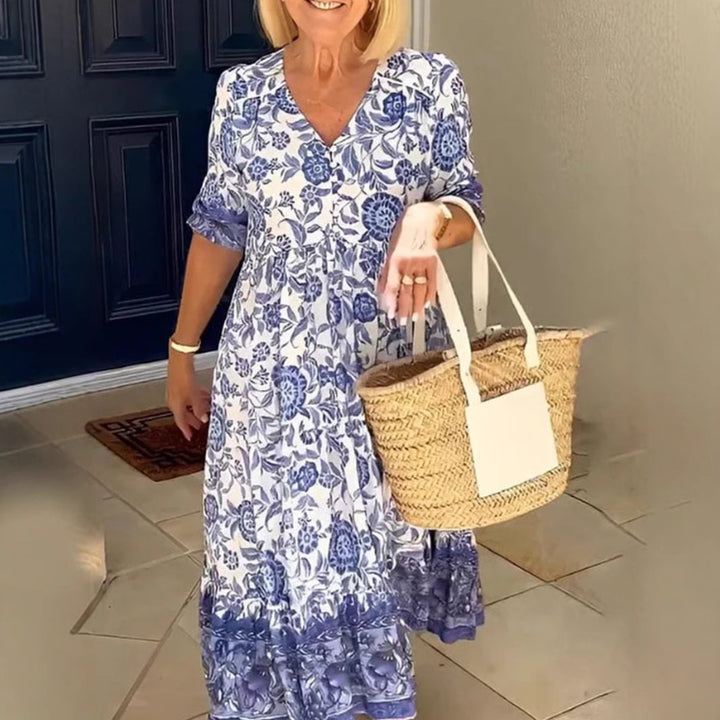 Women's Casual Tiered Midi Dress with V-Neck, Gathered Yoke and Ruffled Hem StylebySassy