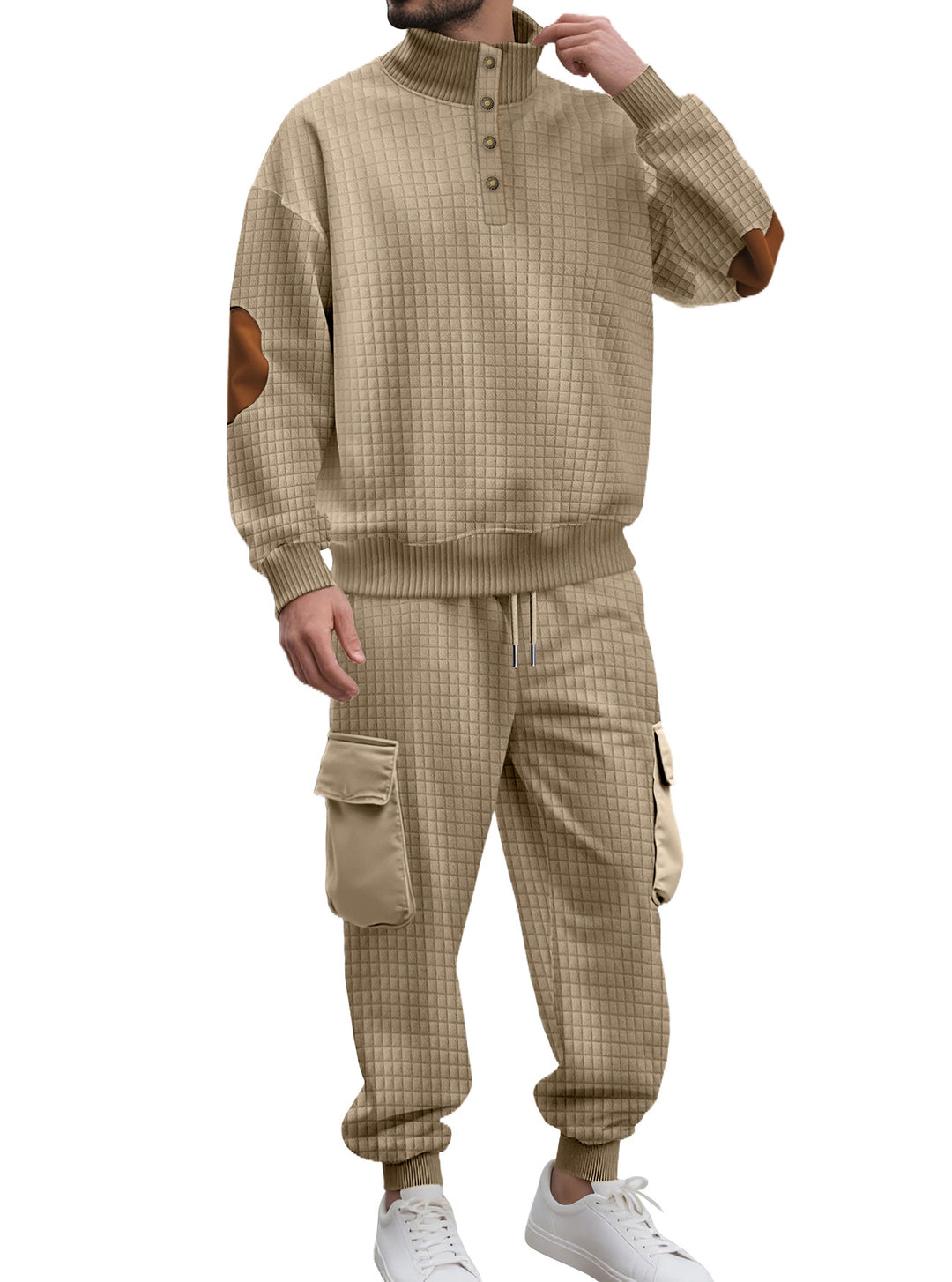 Men's check relief sweat set with stand collar button placket, velour elbow patches and cargo jogger StylebySassy