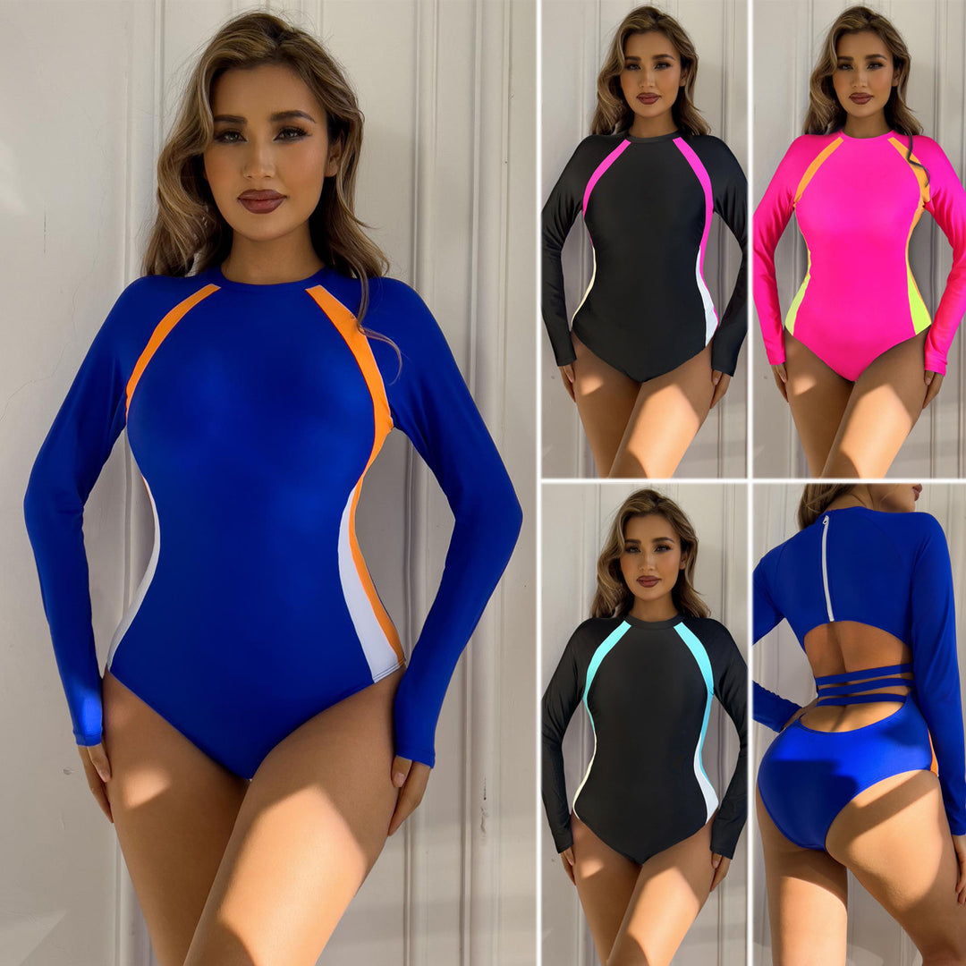 Women's Athletic Long Sleeve Swimsuit with Color Block Design StylebySassy