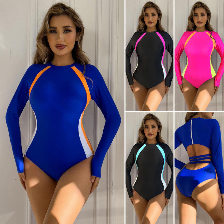 Women's Athletic Long Sleeve Swimsuit with Color Block Design StylebySassy