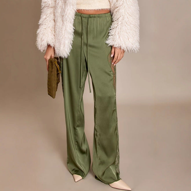 Women satin trousers with side lace inserts, wide leg and drawstring StylebySassy