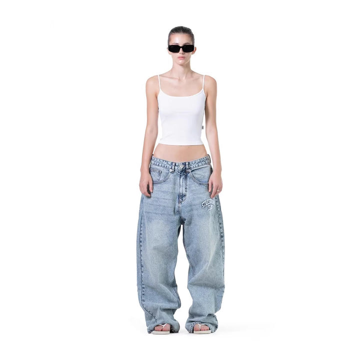 Women's wide denim jeans with stylish embroidery design StylebySassy