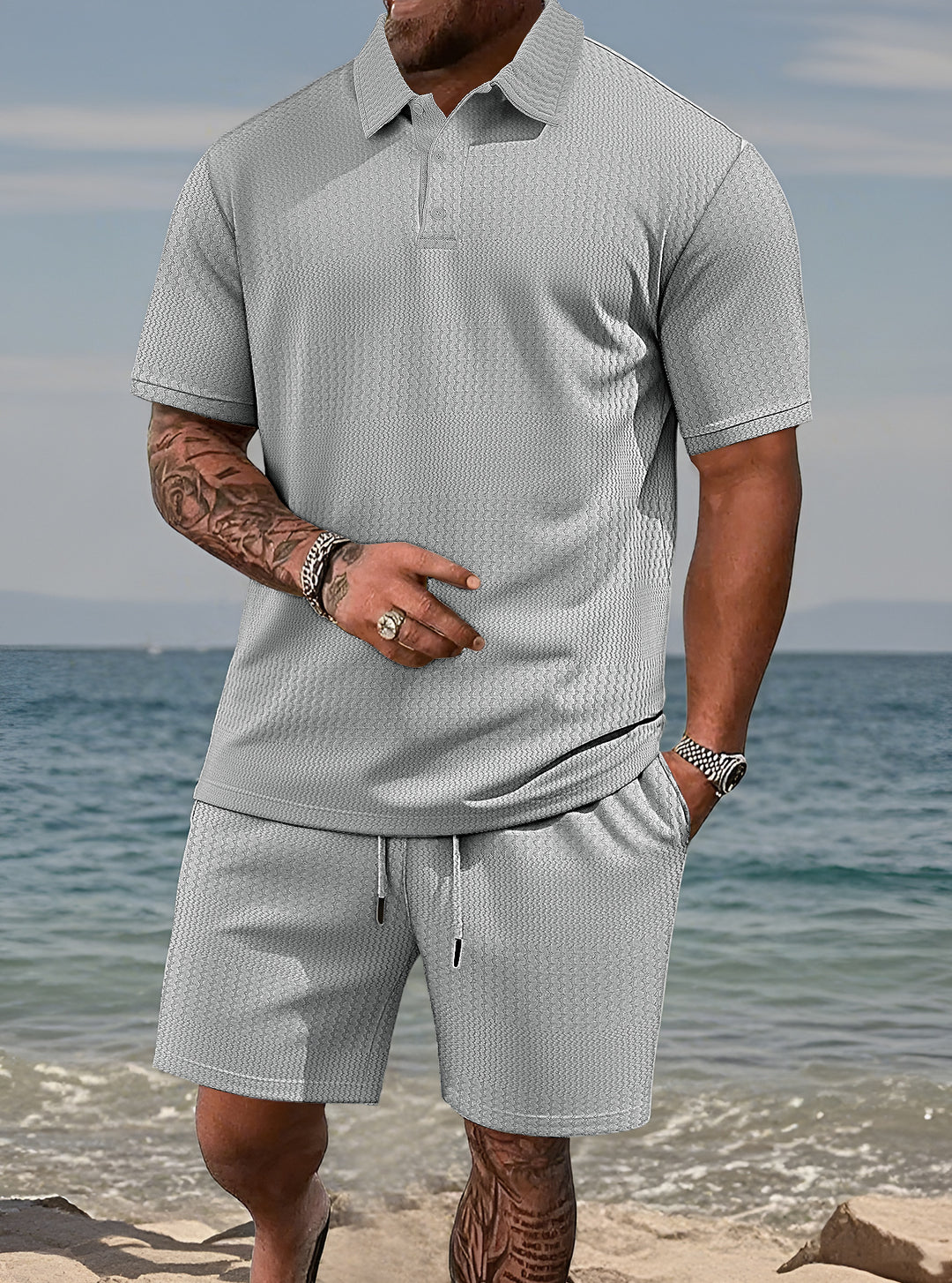Men's embossed beach ensemble with open short sleeve shirt and cord Bermuda StylebySassy