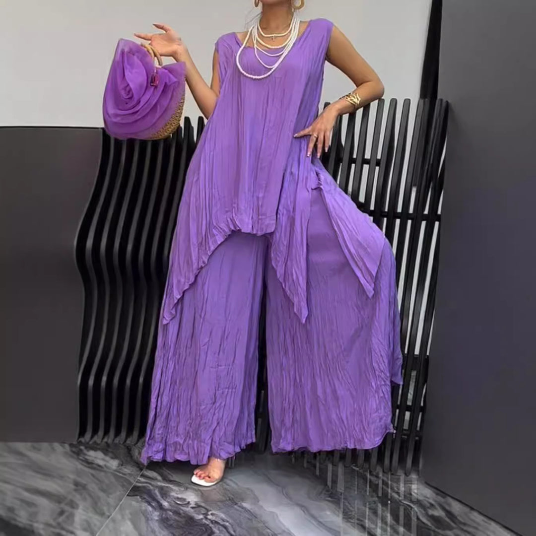 Women two-piece set in airy crinkle look with sleeveless tunic and wide palazzo pants StylebySassy