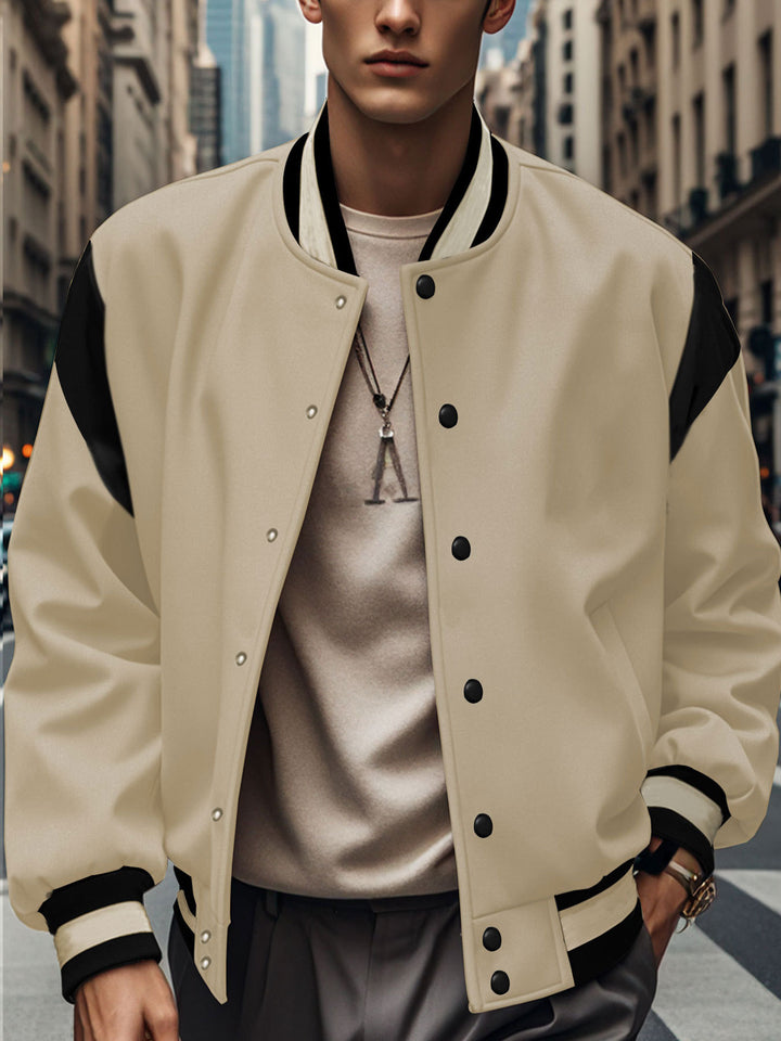Men's lightweight college jacket in varsity look with press-stud closure, ribbed cuffs, and contrast shoulder trim StylebySassy