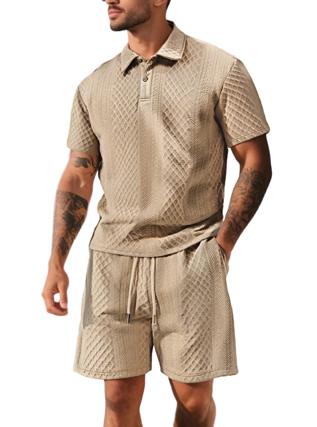 Men's structured polo shirt and bermuda shorts set made of quilted cotton blend StylebySassy