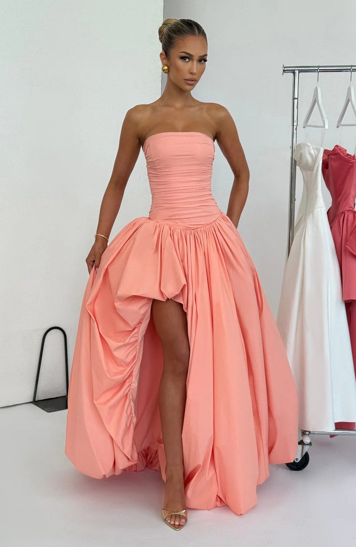Women's Strapless Ball Gown with High Slit and Flowing Skirt StylebySassy