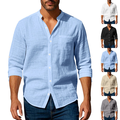 Men's linen-cotton shirt with stand-up collar, roll-up sleeves, and chest pocket StylebySassy